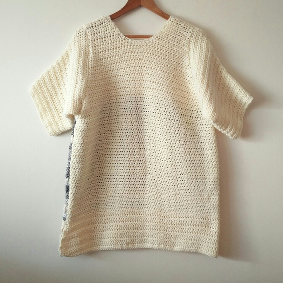 Hand Knit Short Sleeve Cream & Grey Blue Stripped Tunic Sweater - Picture 3 of 13